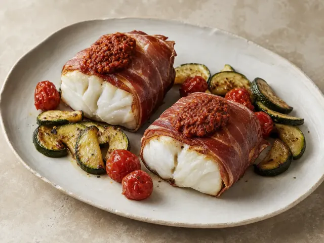 Dorsz pod czerwonym pesto i prosciutto
