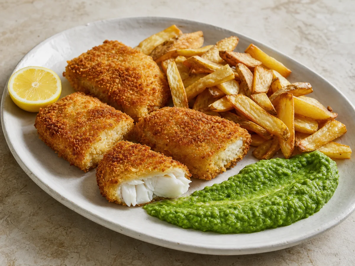 Fish and chips z groszkowym purée przygotowane w air fryerze